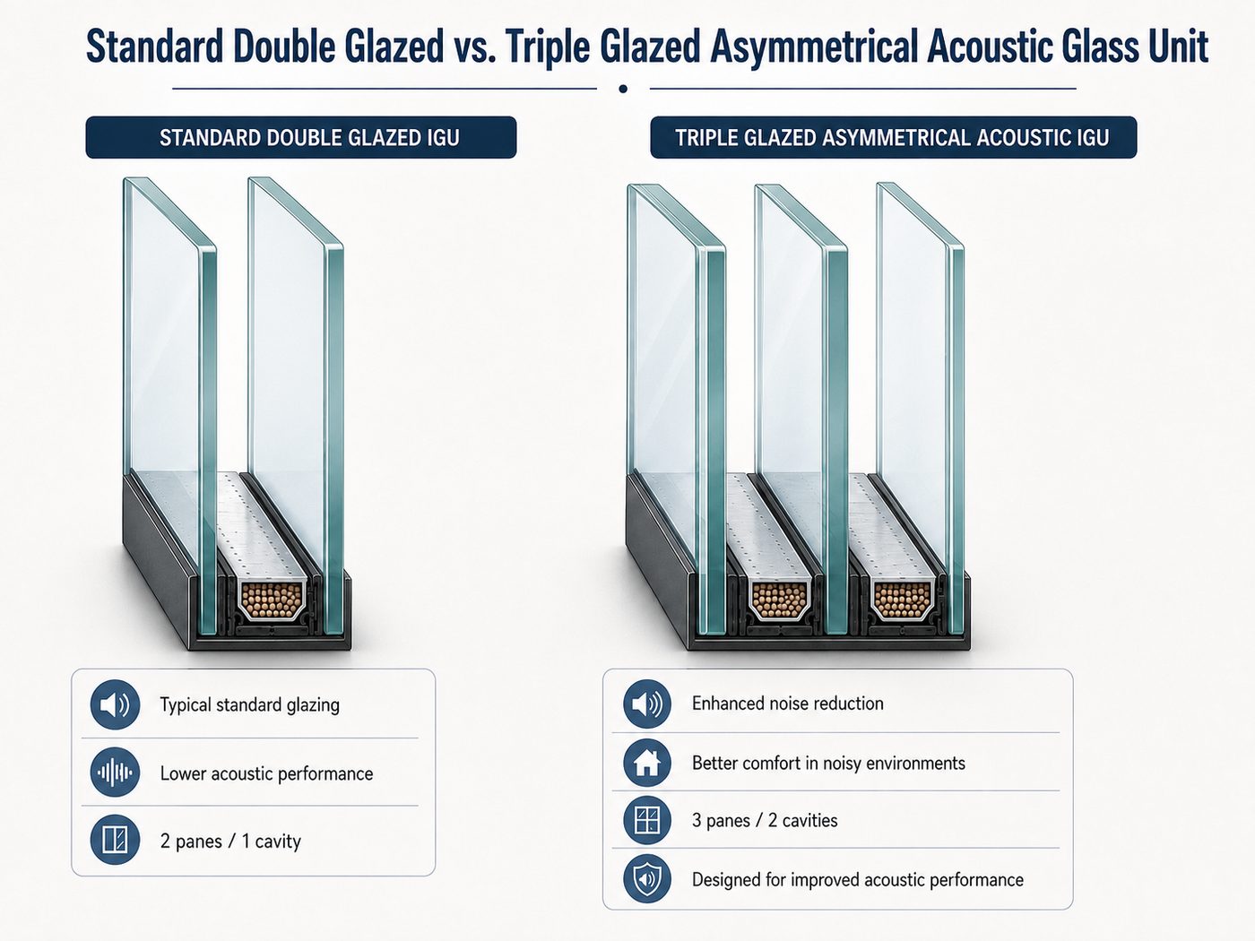Diagram comparing a standard double glazed IGU with a triple glazed asymmetrical acoustic IGU