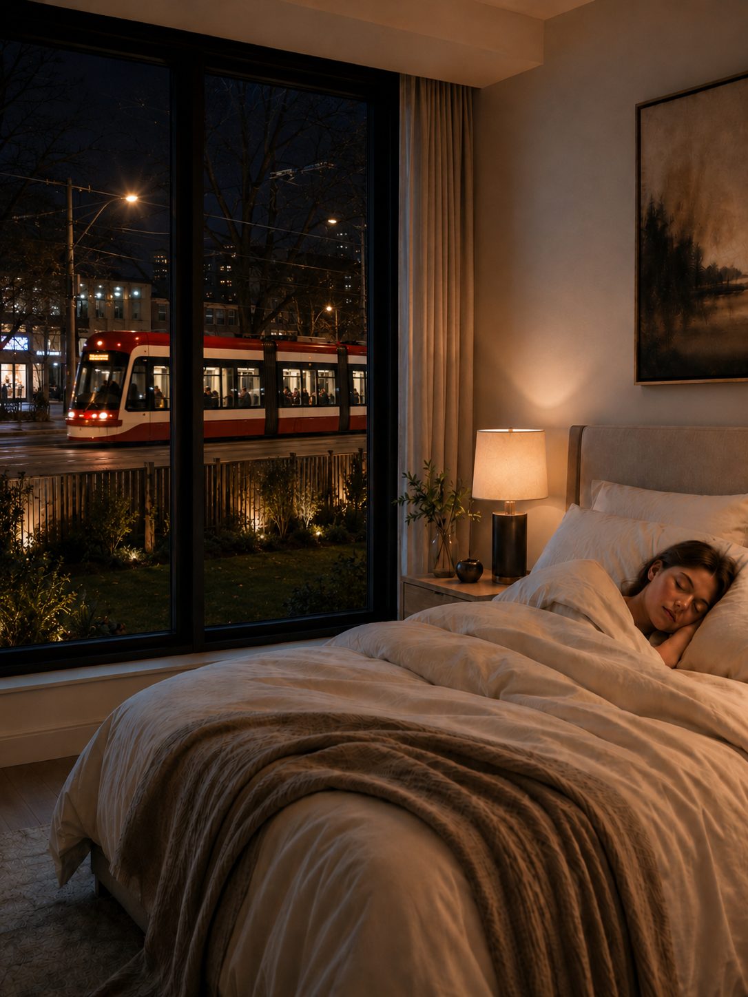 Quiet Toronto bedroom at night with a streetcar passing outside a European acoustic window